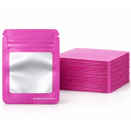 50 Pack – 3.5g Solid Color Mylar Bags with Square Window - Pink