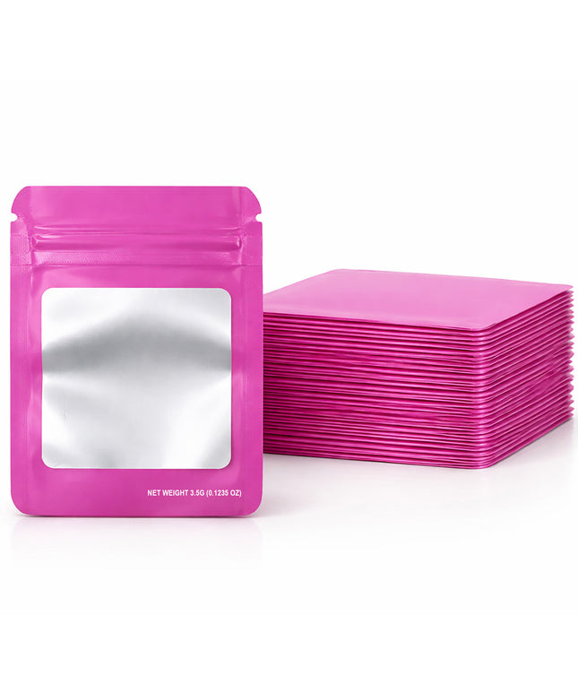 50 Pack – 3.5g Solid Color Mylar Bags with Square Window - Pink