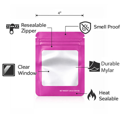50 Pack – 3.5g Solid Color Mylar Bags with Square Window - Pink