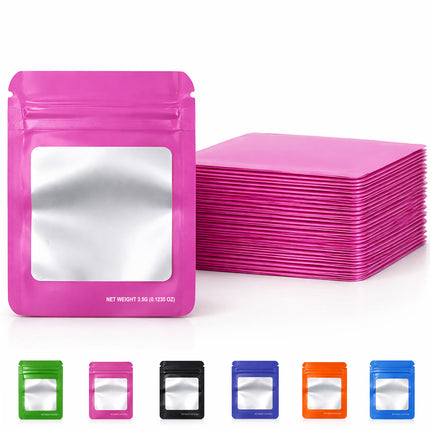 50 Pack – 3.5g Solid Color Mylar Bags with Square Window - Pink