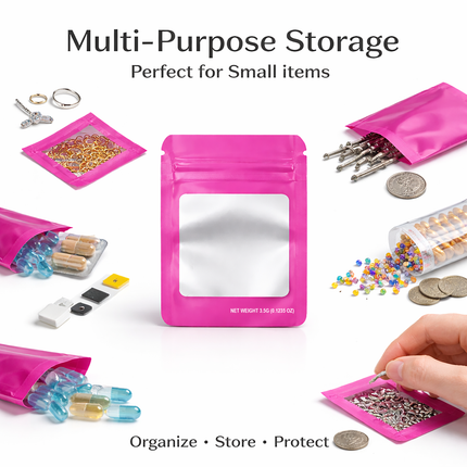 50 Pack – 3.5g Solid Color Mylar Bags with Square Window - Pink