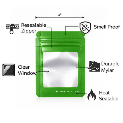 50 Pack – 3.5g Solid Color Mylar Bags with Square Window - Green