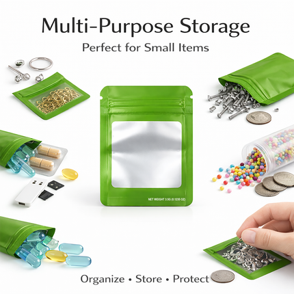 50 Pack – 3.5g Solid Color Mylar Bags with Square Window - Green