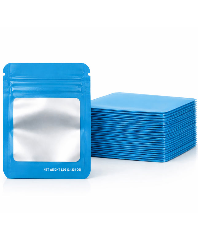 50 Pack – 3.5g Solid Color Mylar Bags with Square Window - Light Blue