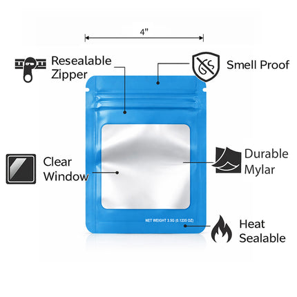 50 Pack – 3.5g Solid Color Mylar Bags with Square Window - Light Blue