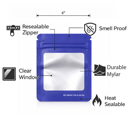 50 Pack – 3.5g Solid Color Mylar Bags with Square Window - Purple
