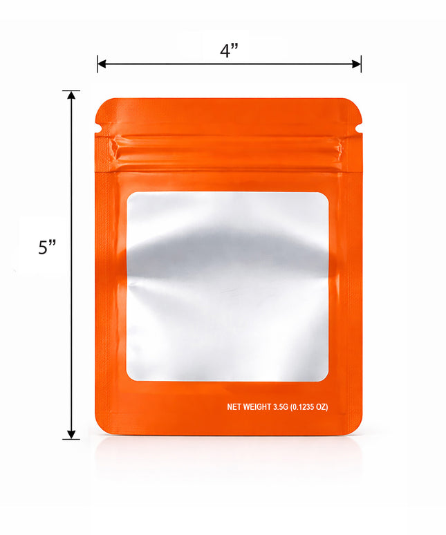 50 Pack – 3.5g Solid Color Mylar Bags with Square Window - Orange