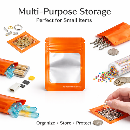 50 Pack – 3.5g Solid Color Mylar Bags with Square Window - Orange