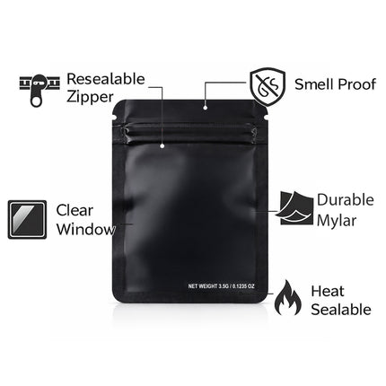 50 Pack – 3.5g Solid Color Mylar Bags Plain No Window - Metallic Black