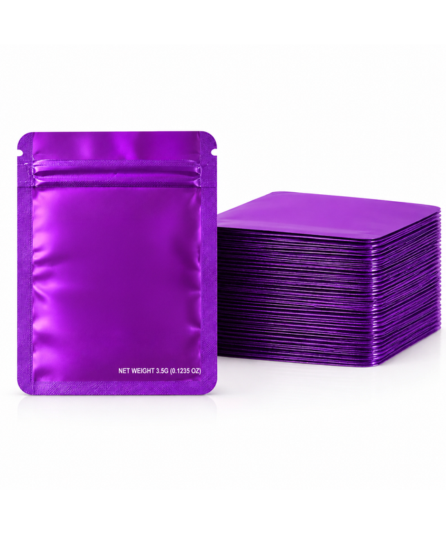 50 Pack – 3.5g Solid Color Mylar Bags Plain No Window - Metallic Purple