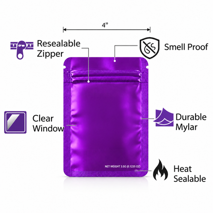 50 Pack – 3.5g Solid Color Mylar Bags Plain No Window - Metallic Purple