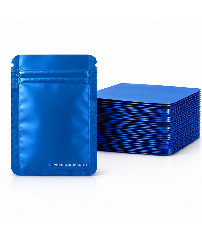 50 Pack – 3.5g Solid Color Mylar Bags Plain No Window - Metallic Blue