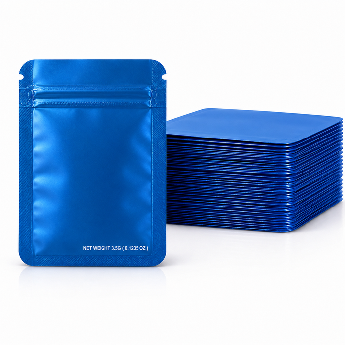 50-Pack 3.5g Solid Color Mylar Bags - Metallic Blue