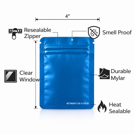 50 Pack – 3.5g Solid Color Mylar Bags Plain No Window - Metallic Blue