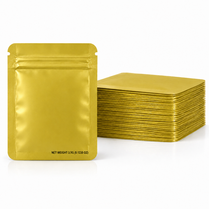 50 Pack – 3.5g Solid Color Mylar Bags Plain No Window - Metallic Gold