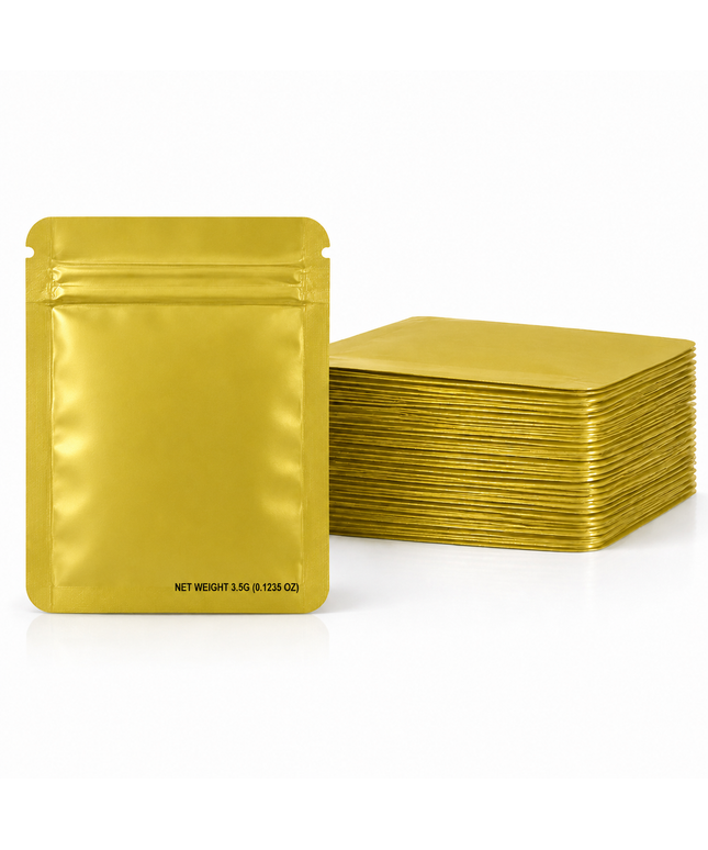 50 Pack – 3.5g Solid Color Mylar Bags Plain No Window - Metallic Gold