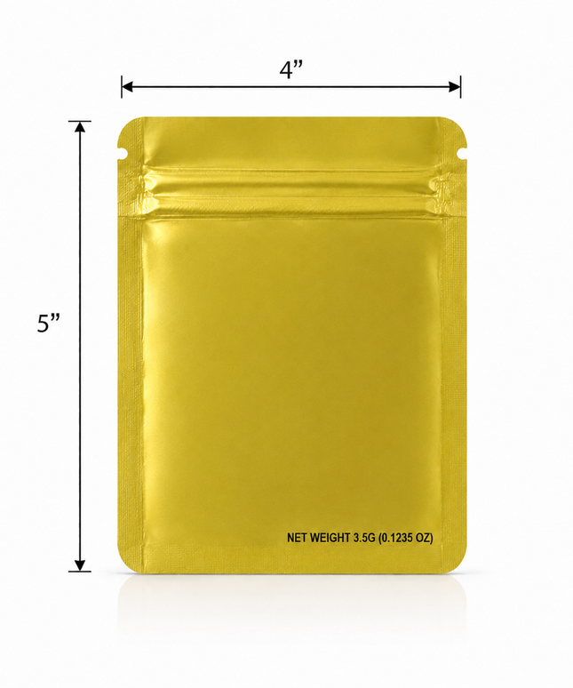 50 Pack – 3.5g Solid Color Mylar Bags Plain No Window - Metallic Gold