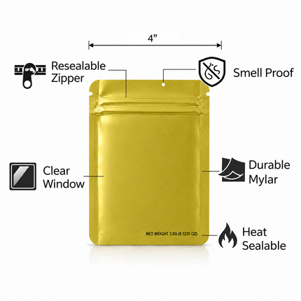 50 Pack – 3.5g Solid Color Mylar Bags Plain No Window - Metallic Gold