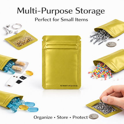 50 Pack – 3.5g Solid Color Mylar Bags Plain No Window - Metallic Gold
