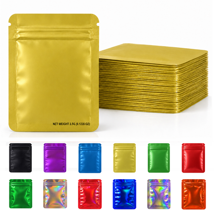 50 Pack – 3.5g Solid Color Mylar Bags Plain No Window - Metallic Gold