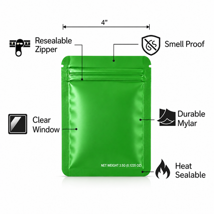 50 Pack – 3.5g Solid Color Mylar Bags Plain No Window - Metallic Forest Green