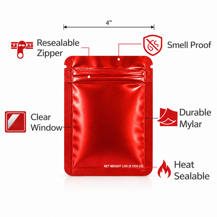 50 Pack – 3.5g Solid Color Mylar Bags Plain No Window - Metallic Red