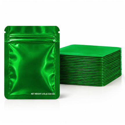 50 Pack – 3.5g Solid Color Mylar Bags Plain No Window - Metallic Glossy Green