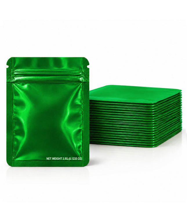50 Pack – 3.5g Solid Color Mylar Bags Plain No Window - Metallic Glossy Green