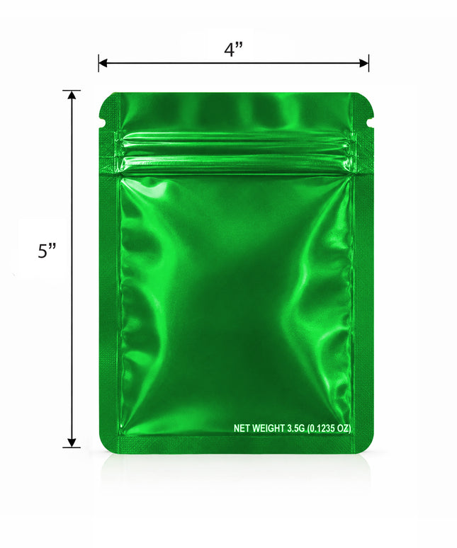 50 Pack – 3.5g Solid Color Mylar Bags Plain No Window - Metallic Glossy Green