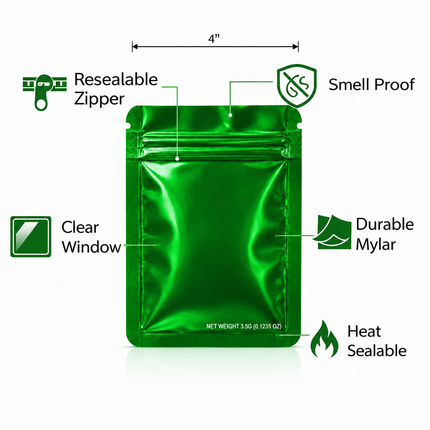 50 Pack – 3.5g Solid Color Mylar Bags Plain No Window - Metallic Glossy Green