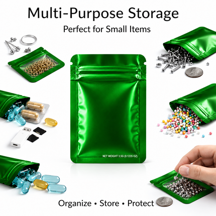 50 Pack – 3.5g Solid Color Mylar Bags Plain No Window - Metallic Glossy Green