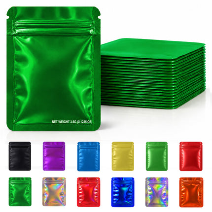 50 Pack – 3.5g Solid Color Mylar Bags Plain No Window - Metallic Glossy Green