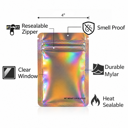 50 Pack – 3.5g Solid Color Mylar Bags Plain No Window - Metallic Holographic