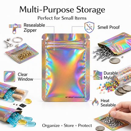 50 Pack – 3.5g Solid Color Mylar Bags Plain No Window - Metallic Holographic