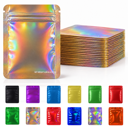 50 Pack – 3.5g Solid Color Mylar Bags Plain No Window - Metallic Holographic