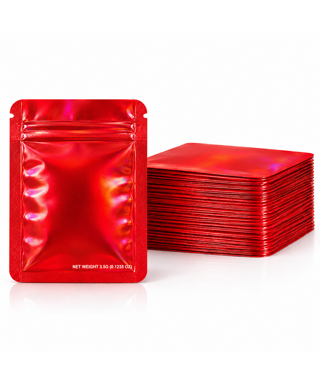 50 Pack – 3.5g Solid Color Mylar Bags Plain No Window - Metallic Hot Red