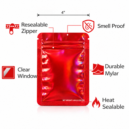 50 Pack – 3.5g Solid Color Mylar Bags Plain No Window - Metallic Hot Red