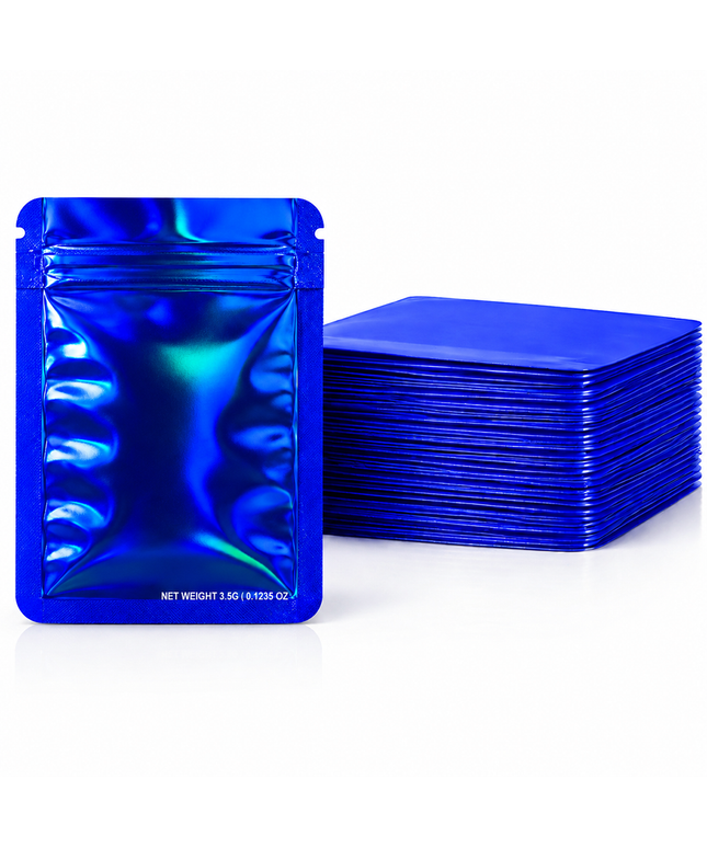 50 Pack – 3.5g Solid Color Mylar Bags Plain No Window - Metallic Royal Blue