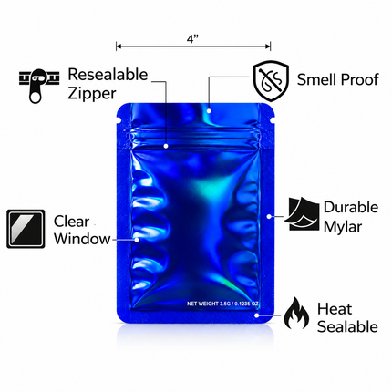 50 Pack – 3.5g Solid Color Mylar Bags Plain No Window - Metallic Royal Blue