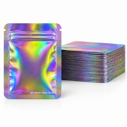 50 Pack – 3.5g Solid Color Mylar Bags Plain No Window - Metallic Rainbow Holographic