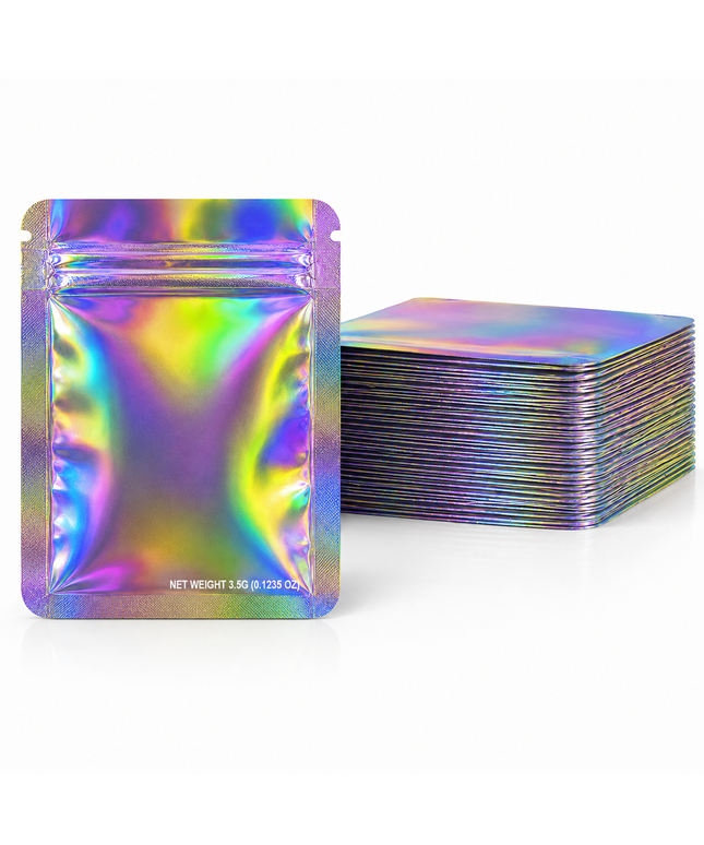 50 Pack – 3.5g Solid Color Mylar Bags Plain No Window - Metallic Rainbow Holographic