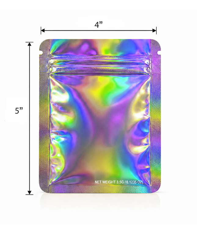 50 Pack – 3.5g Solid Color Mylar Bags Plain No Window - Metallic Rainbow Holographic