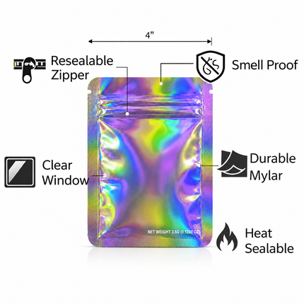 50 Pack – 3.5g Solid Color Mylar Bags Plain No Window - Metallic Rainbow Holographic