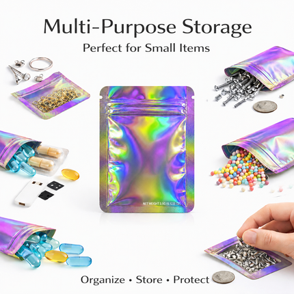 50 Pack – 3.5g Solid Color Mylar Bags Plain No Window - Metallic Rainbow Holographic