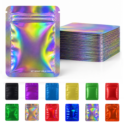 50 Pack – 3.5g Solid Color Mylar Bags Plain No Window - Metallic Rainbow Holographic