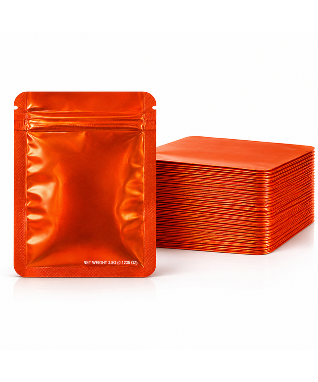 50 Pack – 3.5g Solid Color Mylar Bags Plain No Window - Metallic Orange