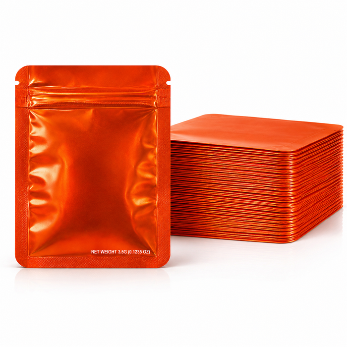 50 Pack 3.5g Solid Color Mylar Bags – Plain No Window Metallic Orange