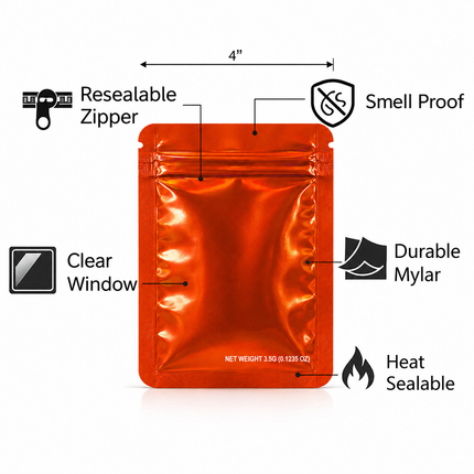 50 Pack – 3.5g Solid Color Mylar Bags Plain No Window - Metallic Orange