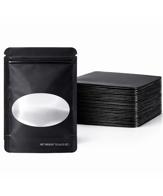 50 Pack – 7g Solid Color Mylar Bags with Oval Window - Black