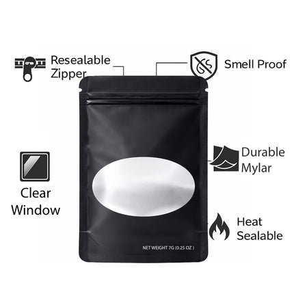 50 Pack – 7g Solid Color Mylar Bags with Oval Window - Black